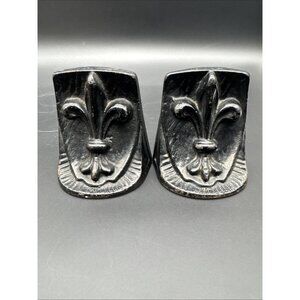 Vintage Cast Iron Fleur De Lis Black Gothic Bookend Doorstop Pair
